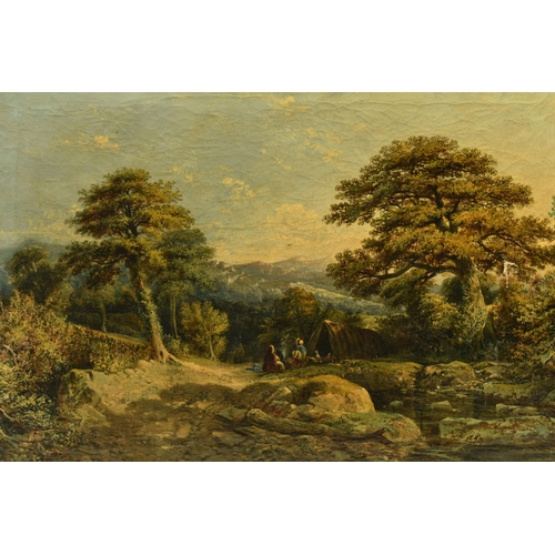 306 - A LATE 19TH CENTURY ENGLISH SCHOOL LANDSCAPE WITH FIGURES, two female figures are camped within a wo... 