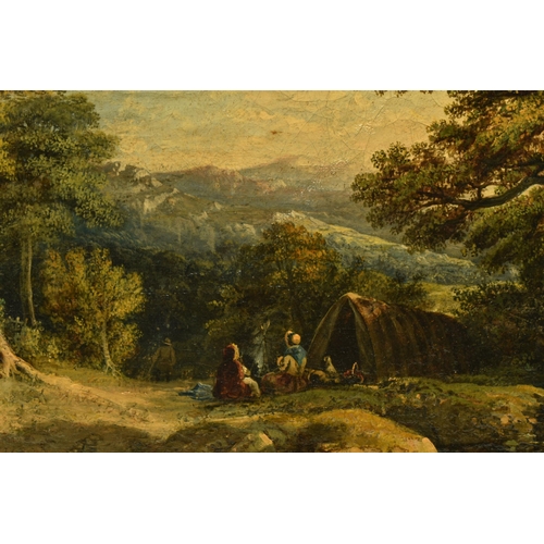 306 - A LATE 19TH CENTURY ENGLISH SCHOOL LANDSCAPE WITH FIGURES, two female figures are camped within a wo... 