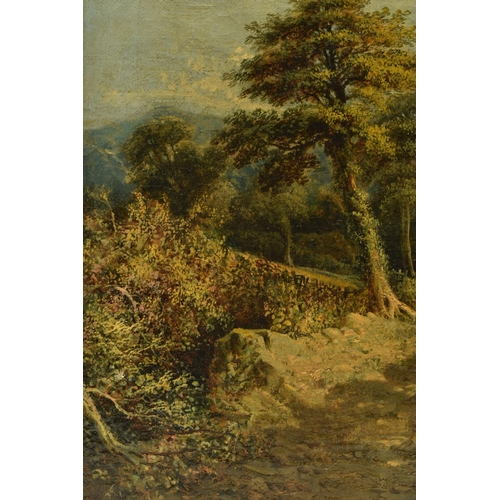 306 - A LATE 19TH CENTURY ENGLISH SCHOOL LANDSCAPE WITH FIGURES, two female figures are camped within a wo... 