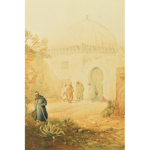 307 - PAUL H. ELLIS (ACT 1882-1908) 'A KOUBBA AT TANGIER' AN ORIENTIALIST VILLAGE SCENE, depicting figures... 