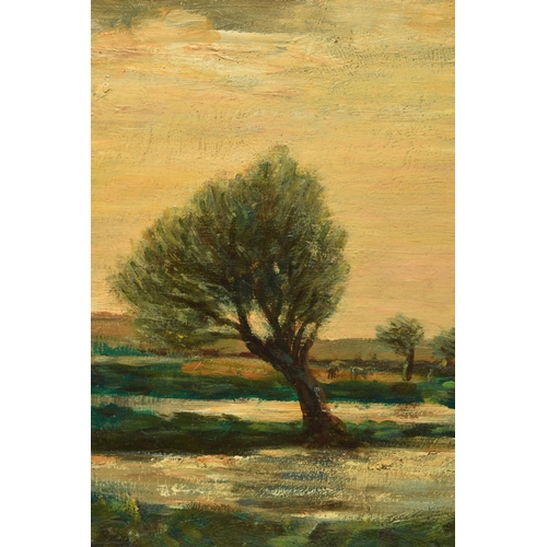 309 - ARTHUR A. FRIEDENSON (BRITISH 1872-1955) WINDSWEPT TREES BESIDE A LAKE, a sunset landscape, signed a... 