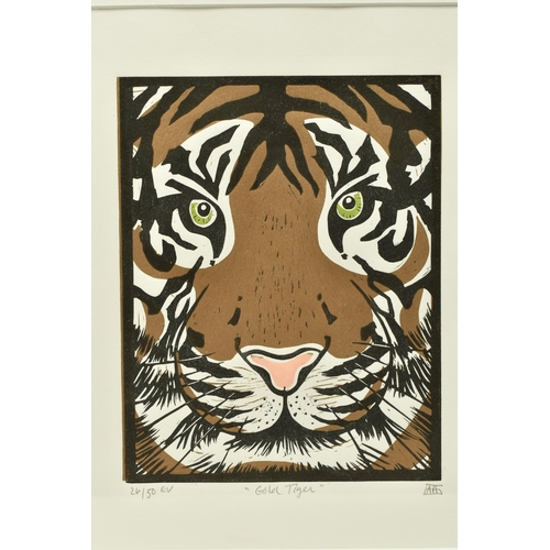 313 - ALISON HEADLEY (BRITISH CONTEMPORARY) 'GOLD TIGER', a limited edition linocut print depicting a Tige... 