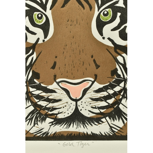 313 - ALISON HEADLEY (BRITISH CONTEMPORARY) 'GOLD TIGER', a limited edition linocut print depicting a Tige... 