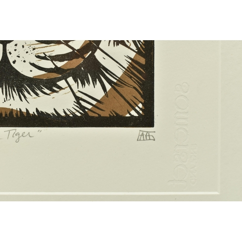 313 - ALISON HEADLEY (BRITISH CONTEMPORARY) 'GOLD TIGER', a limited edition linocut print depicting a Tige... 