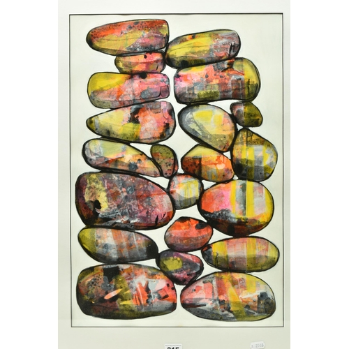 315 - CAROLYNNE COULSON (BRITISH CONTEMPORARY) 'CAIRN STONES', a colourful study of stacked pebbles, signe... 