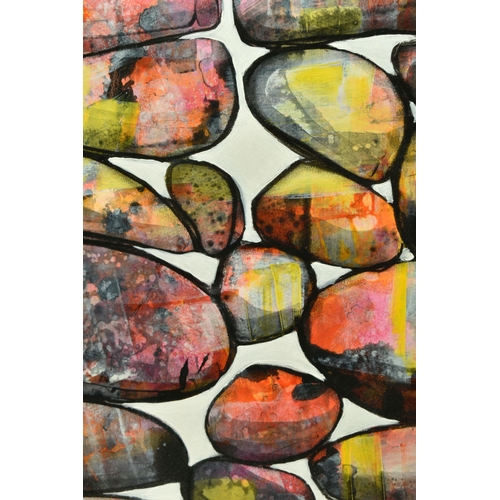 315 - CAROLYNNE COULSON (BRITISH CONTEMPORARY) 'CAIRN STONES', a colourful study of stacked pebbles, signe... 