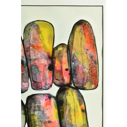 315 - CAROLYNNE COULSON (BRITISH CONTEMPORARY) 'CAIRN STONES', a colourful study of stacked pebbles, signe... 