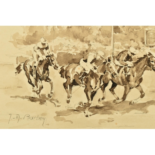 317 - JEANNE-MARIE BARBEY (FRENCH 1882-1960) HORSE RACING AT LONGCHAMP, a study of three horses racing, si... 