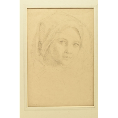 325 - AN UNSIGNED LATE 19TH CENTURY PORTRAIT SKETCH, depicting a young female figure wearing a head coveri... 