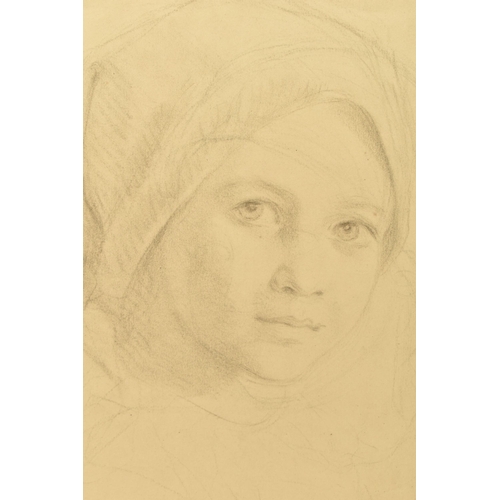 325 - AN UNSIGNED LATE 19TH CENTURY PORTRAIT SKETCH, depicting a young female figure wearing a head coveri... 