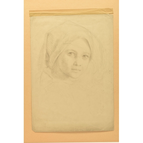 325 - AN UNSIGNED LATE 19TH CENTURY PORTRAIT SKETCH, depicting a young female figure wearing a head coveri... 