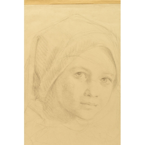 325 - AN UNSIGNED LATE 19TH CENTURY PORTRAIT SKETCH, depicting a young female figure wearing a head coveri... 