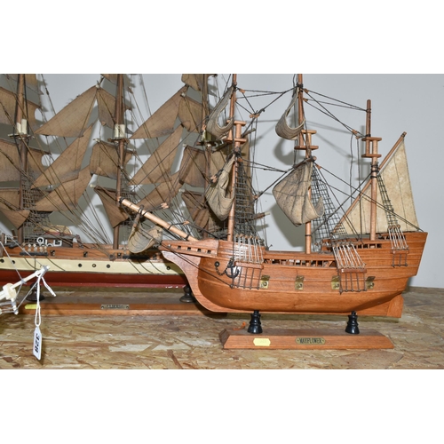 328 - FIVE MODEL SAILING SHIPS, comprising Clipper Siglo XIX, height 60cm x width 84cm, Mayflower, La Sant... 