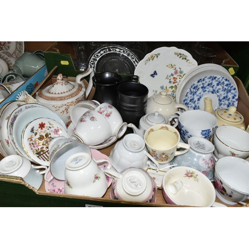 334 - THREE BOXES OF CERAMICS AND GLASS WARES, to include a Furnivals Quail teapot, Woods Beryl utility te... 