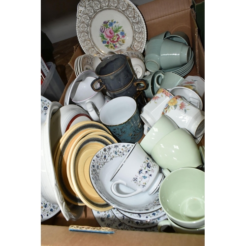 334 - THREE BOXES OF CERAMICS AND GLASS WARES, to include a Furnivals Quail teapot, Woods Beryl utility te... 