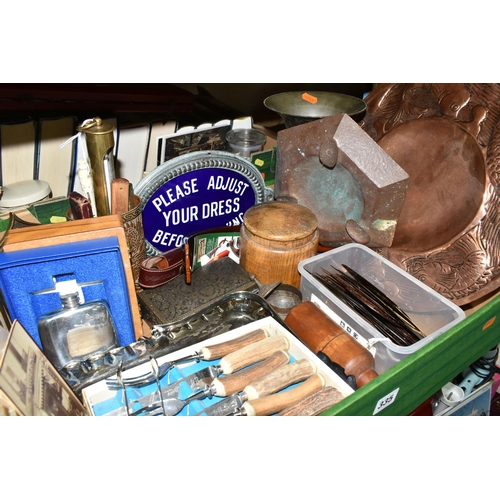 335 - THREE BOXES OF METAL WARES, BOOKS AND SUNDRY ITEMS, to include two copper chargers, a beaten copper ... 