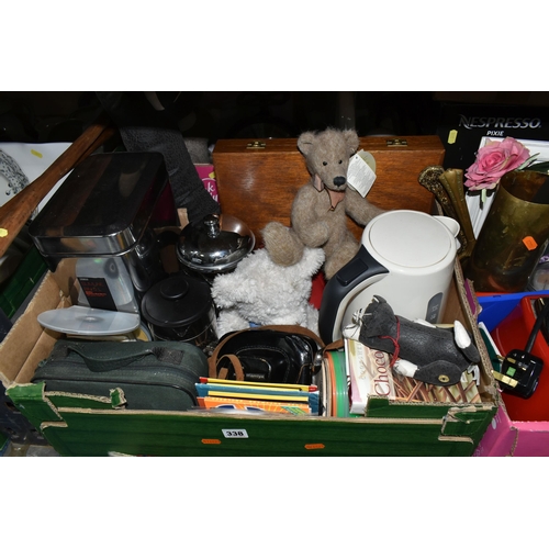 338 - THREE BOXES AND LOOSE KITCHEN WARES, SPACE INTEREST AND HOUSEHOLD ITEMS, to include a large glass te... 