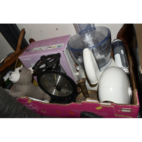 338 - THREE BOXES AND LOOSE KITCHEN WARES, SPACE INTEREST AND HOUSEHOLD ITEMS, to include a large glass te... 