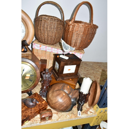 339 - A LARGE QUANTITY OF WICKER SHOPPING BASKETS, WALL CLOCKS AND TREEN, comprising cigarette boxes, a Ju... 