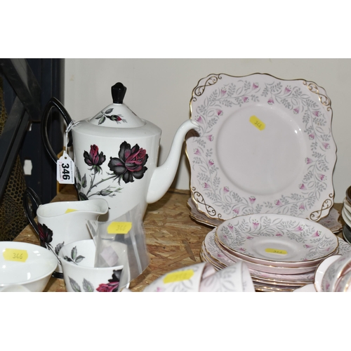 346 - A TUSCAN CHINA TEA SET, a gilt edged pink and grey tulip design on a pink ground, comprising two cak... 