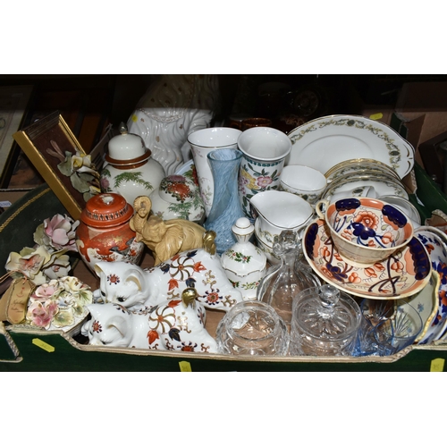 347 - FOUR BOXES AND LOOSE CERAMICS, to include a large pair of Staffordshire style spaniels, a pair of Im... 