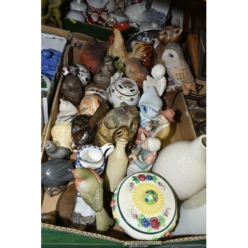 349 - THREE BOXES OF CERAMICS AND ORNAMENTS, to include a quantity of bird figurines, tea light holders to... 