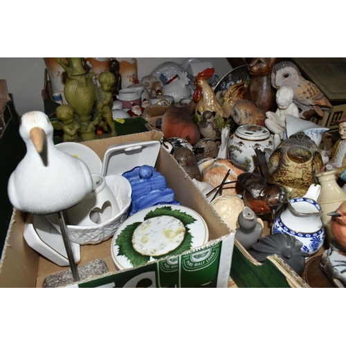 349 - THREE BOXES OF CERAMICS AND ORNAMENTS, to include a quantity of bird figurines, tea light holders to... 