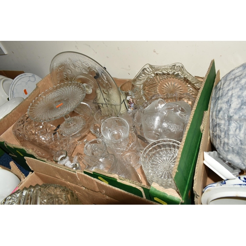 351 - SEVEN BOXES OF CERAMICS AND GLASSWARE, to include four  clear glass dessert sets, cake stand, bon-bo... 