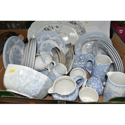 351 - SEVEN BOXES OF CERAMICS AND GLASSWARE, to include four  clear glass dessert sets, cake stand, bon-bo... 