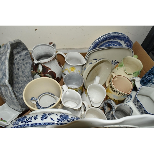 351 - SEVEN BOXES OF CERAMICS AND GLASSWARE, to include four  clear glass dessert sets, cake stand, bon-bo... 