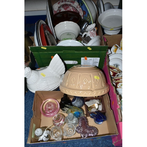 351 - SEVEN BOXES OF CERAMICS AND GLASSWARE, to include four  clear glass dessert sets, cake stand, bon-bo... 