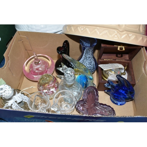 351 - SEVEN BOXES OF CERAMICS AND GLASSWARE, to include four  clear glass dessert sets, cake stand, bon-bo... 