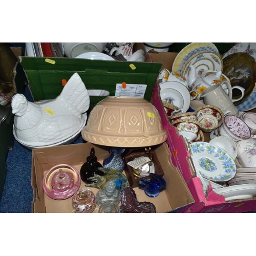 351 - SEVEN BOXES OF CERAMICS AND GLASSWARE, to include four  clear glass dessert sets, cake stand, bon-bo... 