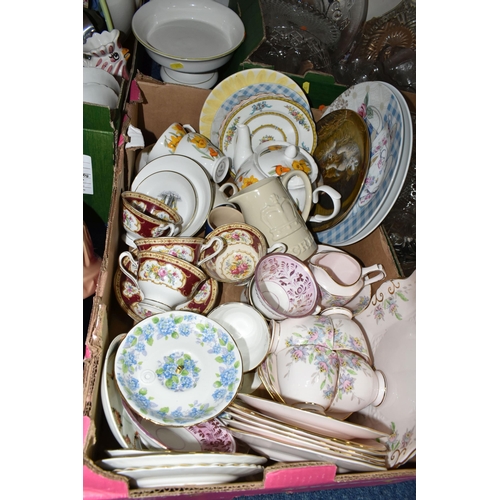 351 - SEVEN BOXES OF CERAMICS AND GLASSWARE, to include four  clear glass dessert sets, cake stand, bon-bo... 