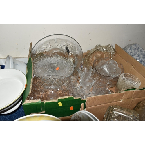 351 - SEVEN BOXES OF CERAMICS AND GLASSWARE, to include four  clear glass dessert sets, cake stand, bon-bo... 