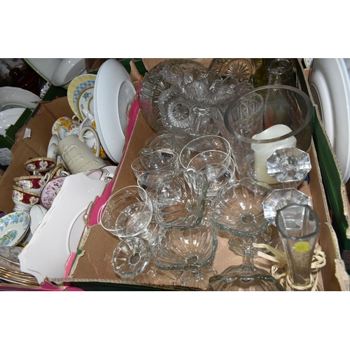 351 - SEVEN BOXES OF CERAMICS AND GLASSWARE, to include four  clear glass dessert sets, cake stand, bon-bo... 