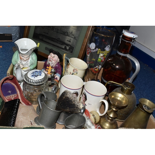 352 - ONE BOX OF MISCELLANEOUS SUNDRIES, to include a Staffordshire 'Snuff-Taker' teapot (missing lid, hai... 