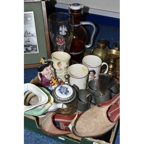 352 - ONE BOX OF MISCELLANEOUS SUNDRIES, to include a Staffordshire 'Snuff-Taker' teapot (missing lid, hai... 