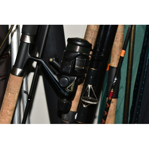 353 - A QUANTITY OF FISHING EQUIPMENT, RODS AND NETS, comprising a  Wychwood Signature adjustable chair, a... 