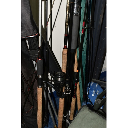 353 - A QUANTITY OF FISHING EQUIPMENT, RODS AND NETS, comprising a  Wychwood Signature adjustable chair, a... 