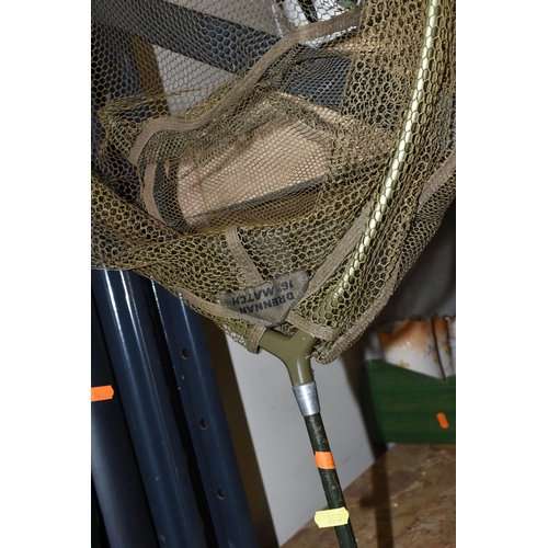 353 - A QUANTITY OF FISHING EQUIPMENT, RODS AND NETS, comprising a  Wychwood Signature adjustable chair, a... 