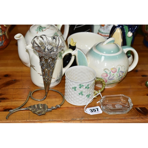 357 - A GROUP OF CERAMICS AND GLASSWARE, comprising a Belleek cup with a woven relief design and Shamrock ... 