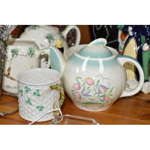 357 - A GROUP OF CERAMICS AND GLASSWARE, comprising a Belleek cup with a woven relief design and Shamrock ... 