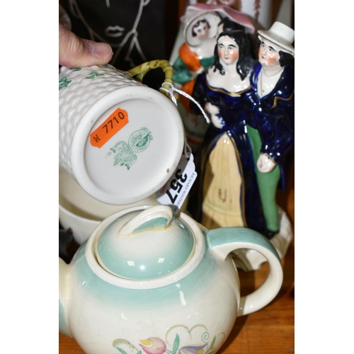 357 - A GROUP OF CERAMICS AND GLASSWARE, comprising a Belleek cup with a woven relief design and Shamrock ... 