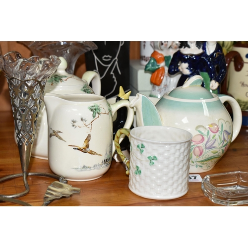 357 - A GROUP OF CERAMICS AND GLASSWARE, comprising a Belleek cup with a woven relief design and Shamrock ... 