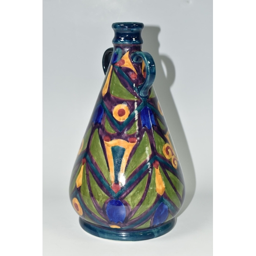 362 - AN S. HANCOCK & SONS MORRIS WARE VASE, triangular form with twin handles, blue, green and yellow geo... 