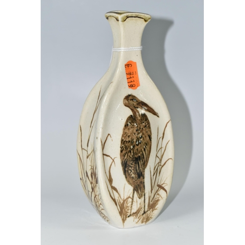 368 - A MARTIN BROTHERS STONEWARE BIRD VASE OF FLATTENED AND LOBED OVAL BALUSTER FORM, the buff ground pai... 