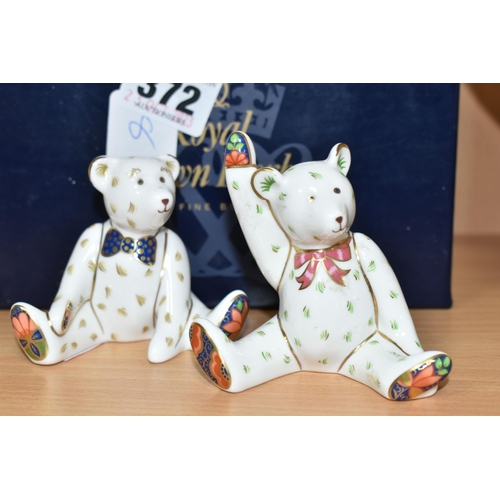 372 - TWO PAIRS OF ROYAL CROWN DERBY MINIATURE TEDDY BEARS 'JAMES AND EMMA', one pair is boxed, produced f... 