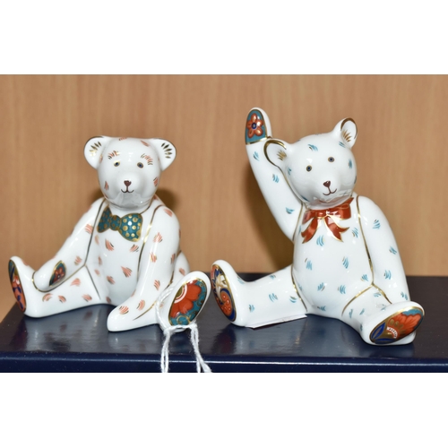 372 - TWO PAIRS OF ROYAL CROWN DERBY MINIATURE TEDDY BEARS 'JAMES AND EMMA', one pair is boxed, produced f... 