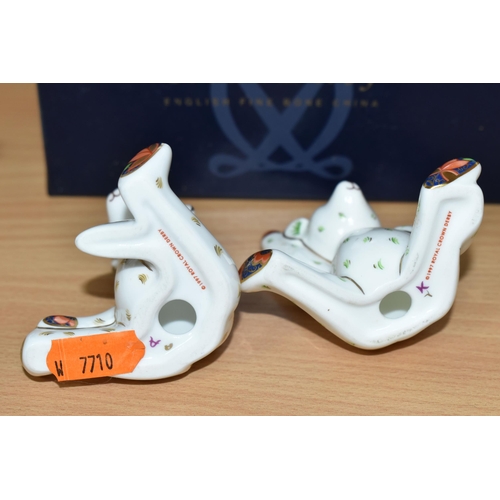 372 - TWO PAIRS OF ROYAL CROWN DERBY MINIATURE TEDDY BEARS 'JAMES AND EMMA', one pair is boxed, produced f... 